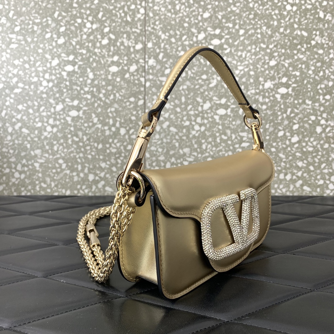 Valentino Garavani Loco Small Shoulder Bag in Gold Calfskin Leather 